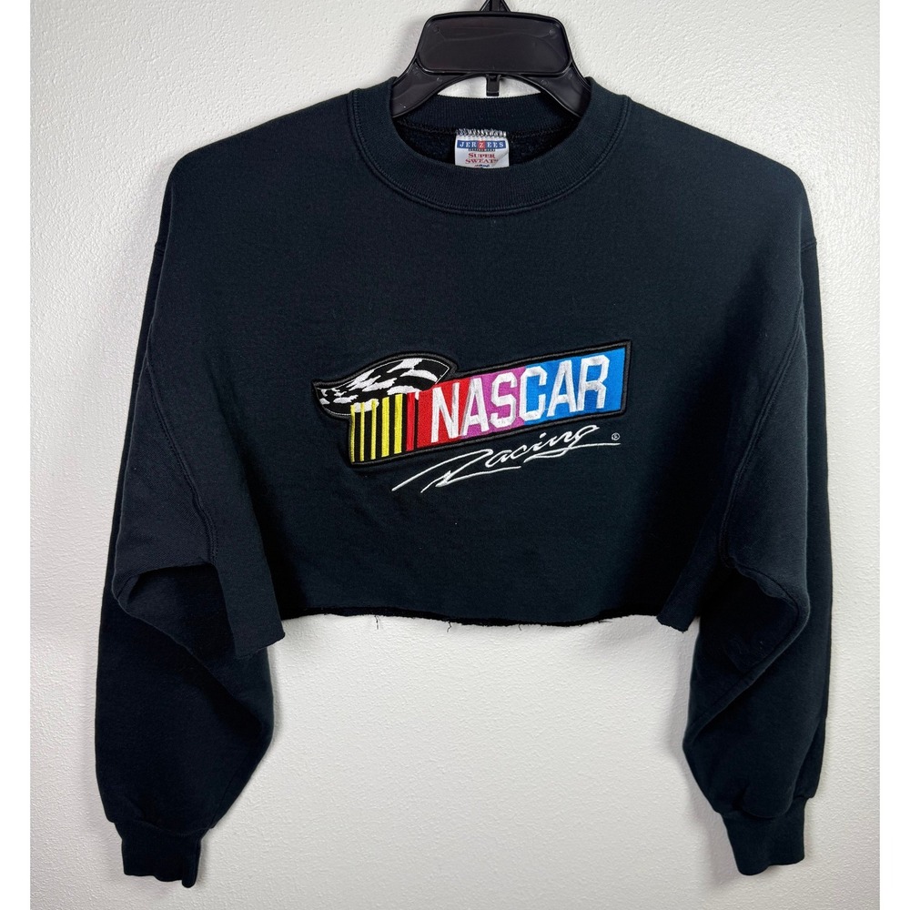 Vintage Jerzees Super Sweats NASCAR Racing Cropped Sweatshirt Black Women Medium